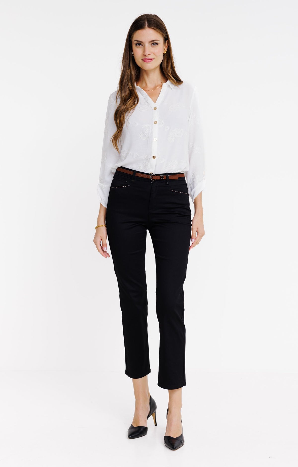 Pantalon 7/8 coupe droite avec ceinture - 1