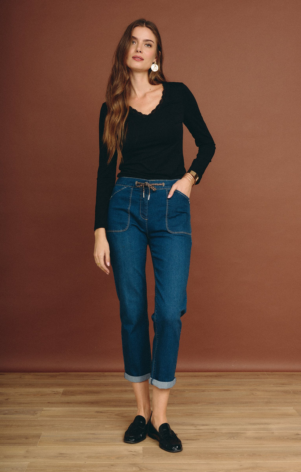 Pantalon jogging en jean cordon léopard - 1