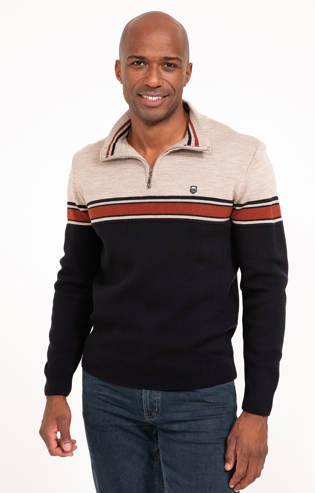 Pull col rond rayé Brique - 1