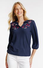 Tee-shirt 3/4 avec broderie et col mao - 1