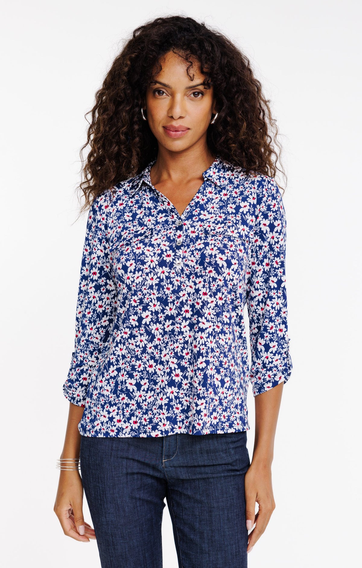 Tee-shirt col polo imprimé fleurs - 1
